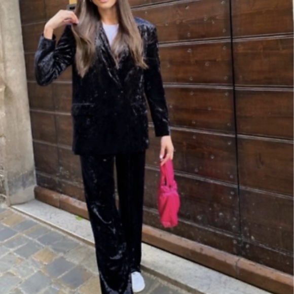 Zara Women NEW SILK BLEND Velvet Suit Pant TOBACCO BLACK 9342/928 - Picture 2 of 5